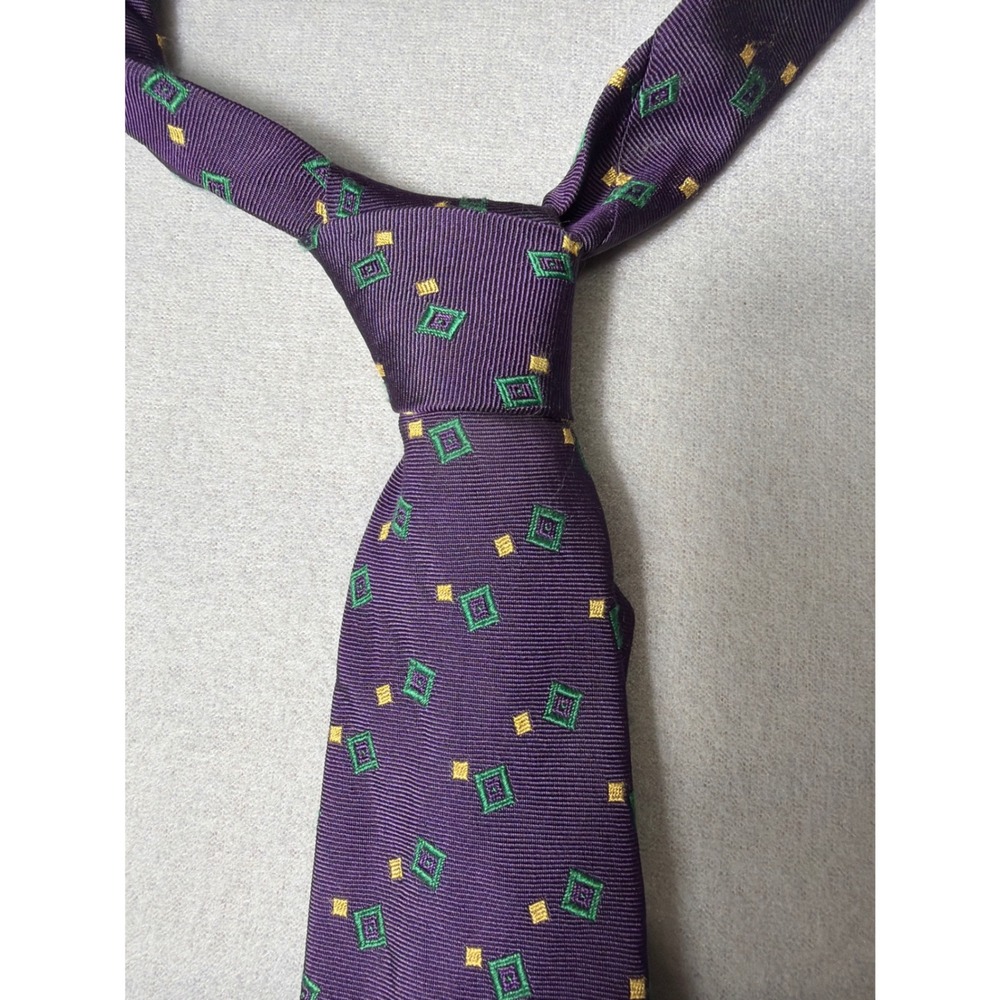 Lauren Ralph Lauren Purple Silk Geometric Necktie Green Gold Hand‎ Finished USA